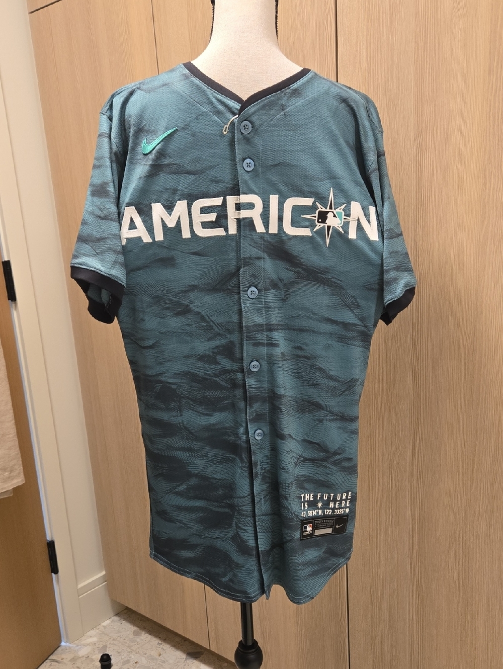 Nike Teal and White 'AMERICAN' Baseball Jersey with Mariners Logo